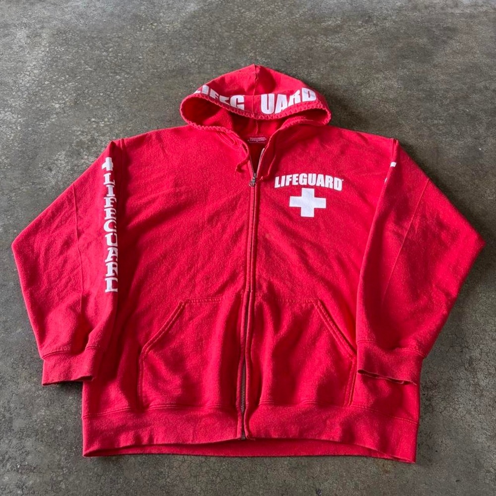 Lifeguard Red Zip Up Hoodie Mens Large Y2K Vintage Graphic Sweatshirt